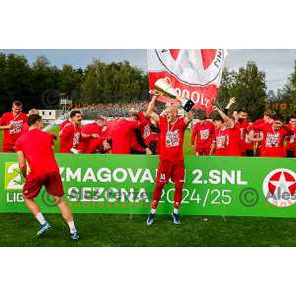 Players of Aluminij celebrate 2.SNL Title and promotion to Prva liga Teleamch in 2025/2026 season in Kidricevo, Slovenia on May 25, 2025