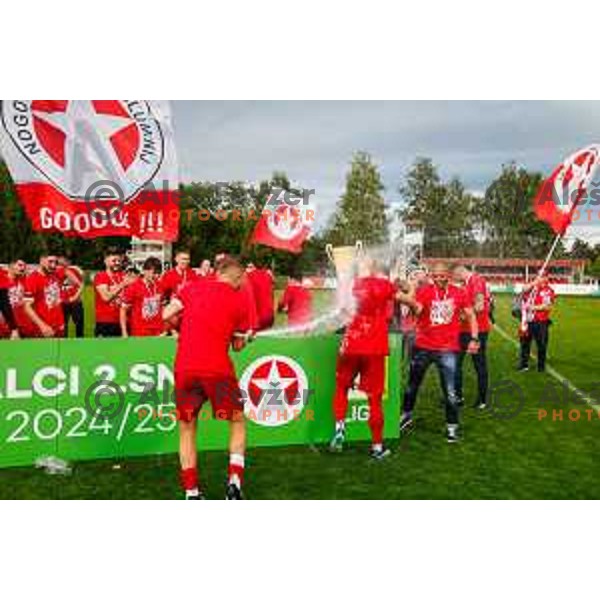 Players of Aluminij celebrate 2.SNL Title and promotion to Prva liga Teleamch in 2025/2026 season in Kidricevo, Slovenia on May 25, 2025