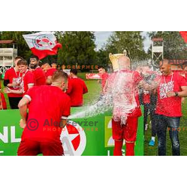 Players of Aluminij celebrate 2.SNL Title and promotion to Prva liga Teleamch in 2025/2026 season in Kidricevo, Slovenia on May 25, 2025