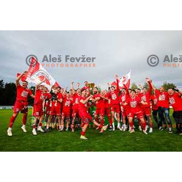 Players of Aluminij celebrate 2.SNL Title and promotion to Prva liga Teleamch in 2025/2026 season in Kidricevo, Slovenia on May 25, 2025