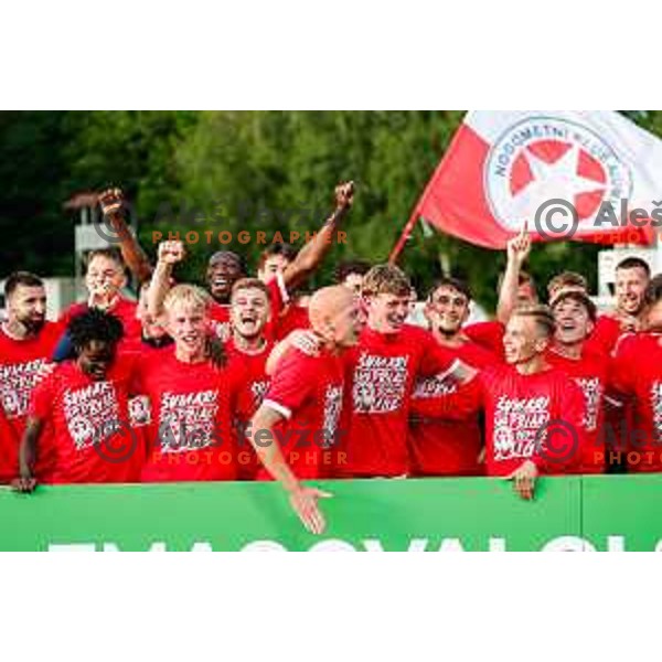 Players of Aluminij celebrate 2.SNL Title and promotion to Prva liga Teleamch in 2025/2026 season in Kidricevo, Slovenia on May 25, 2025
