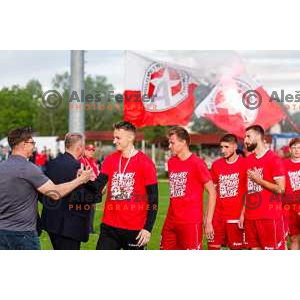 Players of Aluminij celebrate 2.SNL Title and promotion to Prva liga Teleamch in 2025/2026 season in Kidricevo, Slovenia on May 25, 2025