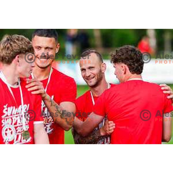 Players of Aluminij celebrate 2.SNL Title and promotion to Prva liga Teleamch in 2025/2026 season in Kidricevo, Slovenia on May 25, 2025