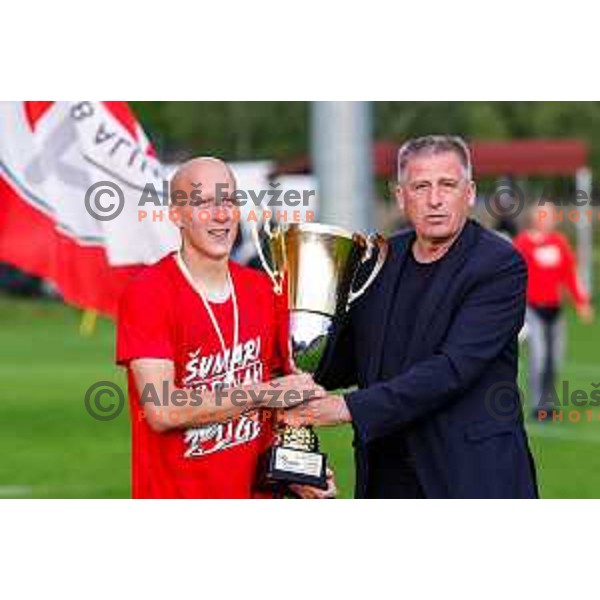 Players of Aluminij celebrate 2.SNL Title and promotion to Prva liga Teleamch in 2025/2026 season in Kidricevo, Slovenia on May 25, 2025