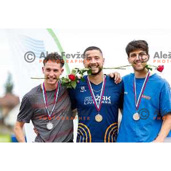 Lukas Cik, Filip Jakob Demsar and Jakob Praprotnik SLO) at the podium of Men\'s 110 hurdles at Athletics Track & Field meeting, WACT Challenger, Ptuj, Slovenia on May 25, 2025