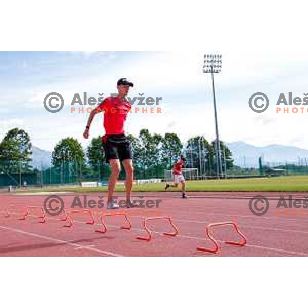 Lovro Kos of Slovenia Men\'s Ski-jumping team during summer practice in Kranj, Slovenia on May 26, 2025