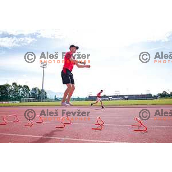 Lovro Kos of Slovenia Men\'s Ski-jumping team during summer practice in Kranj, Slovenia on May 26, 2025