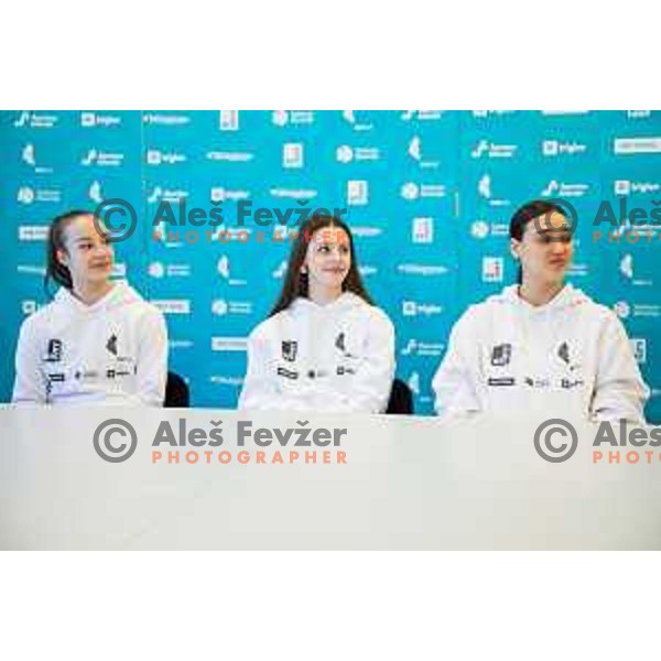 Dora Valant, Ela Polak, Brigita Krasovec during Press Conference of Slovenian Gymnastics federation prior to European Championship in Rhythmic Gymnastics, Ljubljana, Slovenia on May 29, 2025 Photo: Grega Valancic
