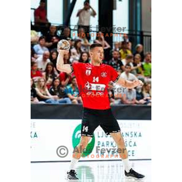 in action during first match of the Final of 1.NLB League 2024/2025 between RD LL Grosist Slovan and RK Gorenje Velenje in Kodeljevo Hall in Ljubljana, Slovenia on May 31, 2025