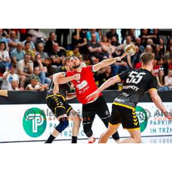 in action during first match of the Final of 1.NLB League 2024/2025 between RD LL Grosist Slovan and RK Gorenje Velenje in Kodeljevo Hall in Ljubljana, Slovenia on May 31, 2025