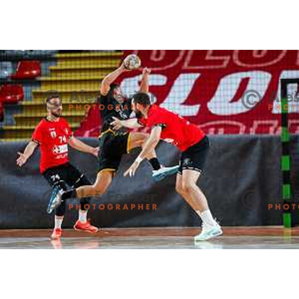 in action during first match of the Final of 1.NLB League 2024/2025 between RD LL Grosist Slovan and RK Gorenje Velenje in Kodeljevo Hall in Ljubljana, Slovenia on May 31, 2025