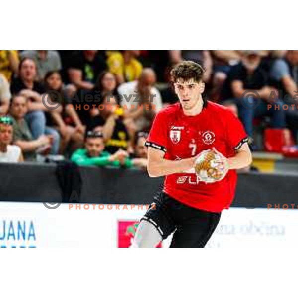 in action during first match of the Final of 1.NLB League 2024/2025 between RD LL Grosist Slovan and RK Gorenje Velenje in Kodeljevo Hall in Ljubljana, Slovenia on May 31, 2025