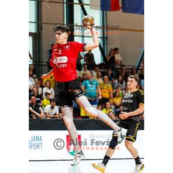 in action during first match of the Final of 1.NLB League 2024/2025 between RD LL Grosist Slovan and RK Gorenje Velenje in Kodeljevo Hall in Ljubljana, Slovenia on May 31, 2025