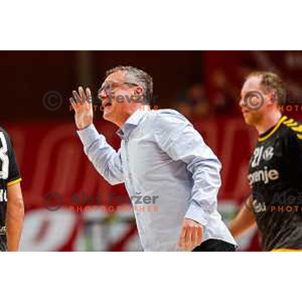in action during first match of the Final of 1.NLB League 2024/2025 between RD LL Grosist Slovan and RK Gorenje Velenje in Kodeljevo Hall in Ljubljana, Slovenia on May 31, 2025