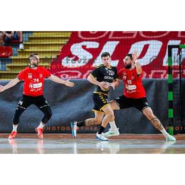in action during first match of the Final of 1.NLB League 2024/2025 between RD LL Grosist Slovan and RK Gorenje Velenje in Kodeljevo Hall in Ljubljana, Slovenia on May 31, 2025
