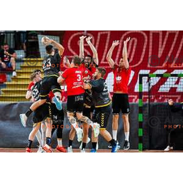 in action during first match of the Final of 1.NLB League 2024/2025 between RD LL Grosist Slovan and RK Gorenje Velenje in Kodeljevo Hall in Ljubljana, Slovenia on May 31, 2025