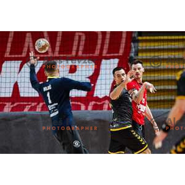 in action during first match of the Final of 1.NLB League 2024/2025 between RD LL Grosist Slovan and RK Gorenje Velenje in Kodeljevo Hall in Ljubljana, Slovenia on May 31, 2025
