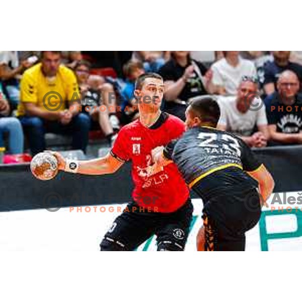 in action during first match of the Final of 1.NLB League 2024/2025 between RD LL Grosist Slovan and RK Gorenje Velenje in Kodeljevo Hall in Ljubljana, Slovenia on May 31, 2025