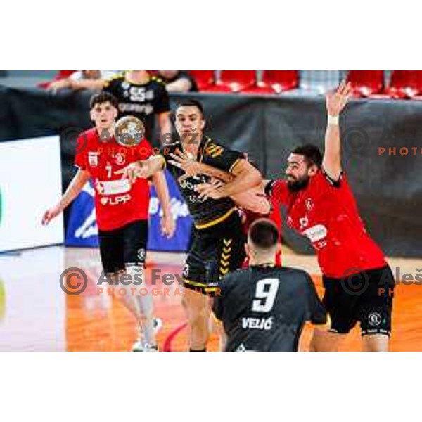 in action during first match of the Final of 1.NLB League 2024/2025 between RD LL Grosist Slovan and RK Gorenje Velenje in Kodeljevo Hall in Ljubljana, Slovenia on May 31, 2025