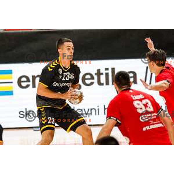 in action during first match of the Final of 1.NLB League 2024/2025 between RD LL Grosist Slovan and RK Gorenje Velenje in Kodeljevo Hall in Ljubljana, Slovenia on May 31, 2025