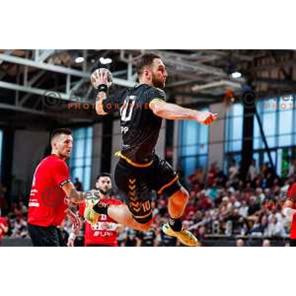 in action during first match of the Final of 1.NLB League 2024/2025 between RD LL Grosist Slovan and RK Gorenje Velenje in Kodeljevo Hall in Ljubljana, Slovenia on May 31, 2025