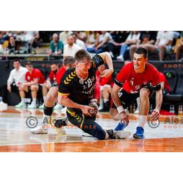 in action during first match of the Final of 1.NLB League 2024/2025 between RD LL Grosist Slovan and RK Gorenje Velenje in Kodeljevo Hall in Ljubljana, Slovenia on May 31, 2025