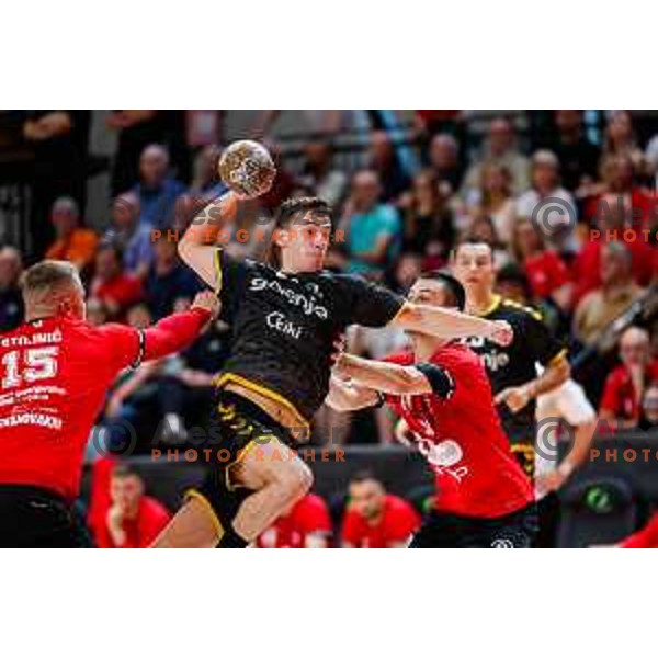 in action during first match of the Final of 1.NLB League 2024/2025 between RD LL Grosist Slovan and RK Gorenje Velenje in Kodeljevo Hall in Ljubljana, Slovenia on May 31, 2025