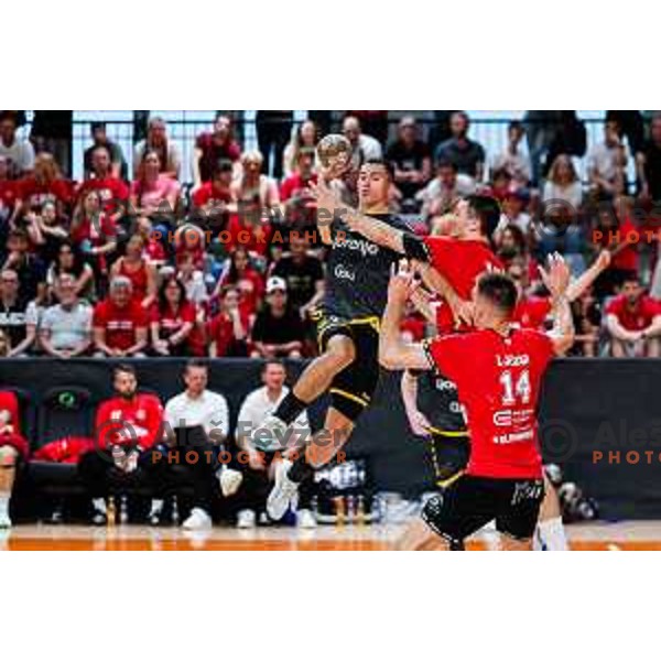 in action during first match of the Final of 1.NLB League 2024/2025 between RD LL Grosist Slovan and RK Gorenje Velenje in Kodeljevo Hall in Ljubljana, Slovenia on May 31, 2025