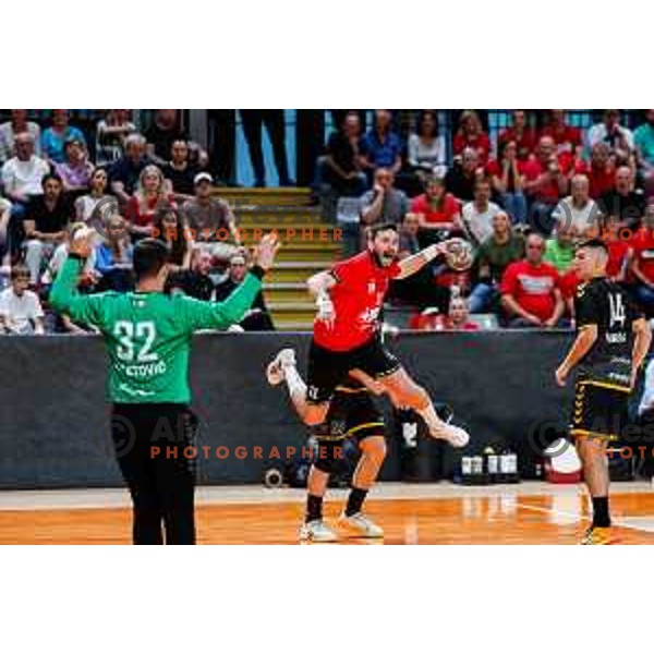 in action during first match of the Final of 1.NLB League 2024/2025 between RD LL Grosist Slovan and RK Gorenje Velenje in Kodeljevo Hall in Ljubljana, Slovenia on May 31, 2025