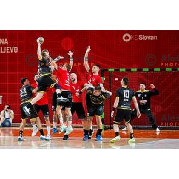 in action during first match of the Final of 1.NLB League 2024/2025 between RD LL Grosist Slovan and RK Gorenje Velenje in Kodeljevo Hall in Ljubljana, Slovenia on May 31, 2025