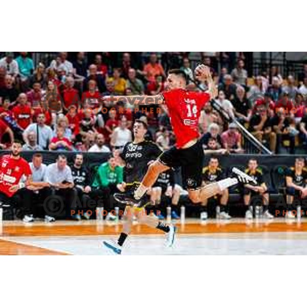 in action during first match of the Final of 1.NLB League 2024/2025 between RD LL Grosist Slovan and RK Gorenje Velenje in Kodeljevo Hall in Ljubljana, Slovenia on May 31, 2025
