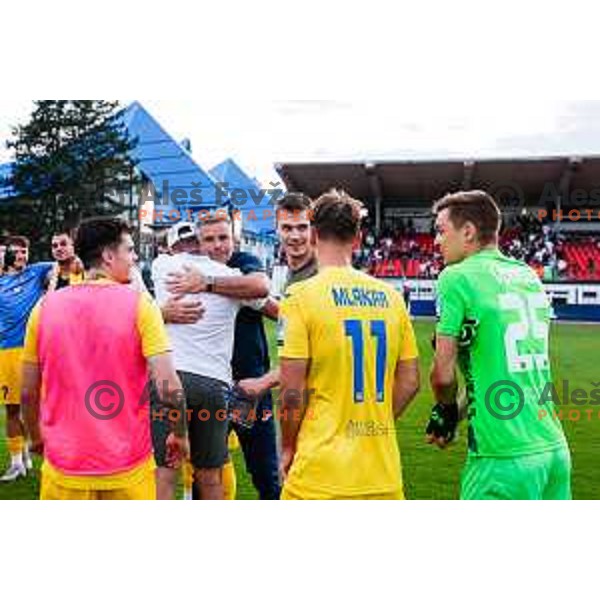 Head coach Tonci Zlogar and players of Domzale celebrate victory in the second match of Qualifications for Prva liga Telemach 2025/2026 between Triglav and Domzale in Kranj, Slovenia on June 1, 2025