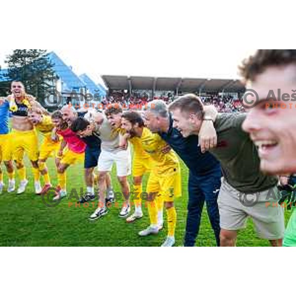 Dejan Lazarevic, head coach Tonci Zlogar and players of Domzale celebrate victory in the second match of Qualifications for Prva liga Telemach 2025/2026 between Triglav and Domzale in Kranj, Slovenia on June 1, 2025