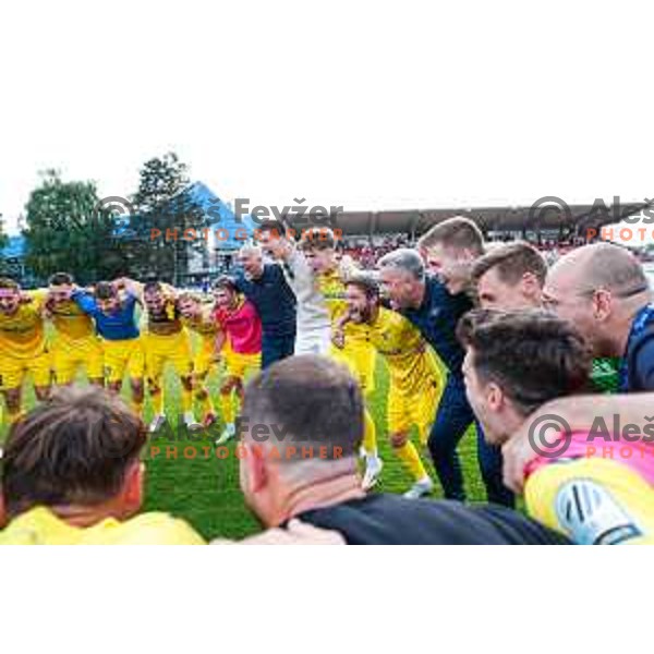 Dejan Lazarevic, head coach Tonci Zlogar and players of Domzale celebrate victory in the second match of Qualifications for Prva liga Telemach 2025/2026 between Triglav and Domzale in Kranj, Slovenia on June 1, 2025