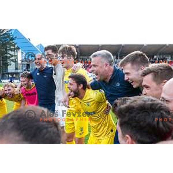Dejan Lazarevic, head coach Tonci Zlogar and players of Domzale celebrate victory in the second match of Qualifications for Prva liga Telemach 2025/2026 between Triglav and Domzale in Kranj, Slovenia on June 1, 2025