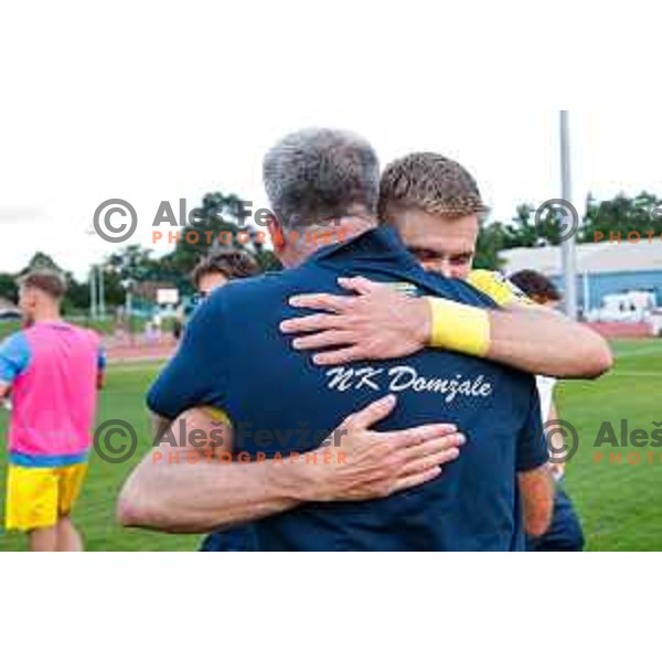 Head coach Tonci Zlogar and players of Domzale celebrate victory in the second match of Qualifications for Prva liga Telemach 2025/2026 between Triglav and Domzale in Kranj, Slovenia on June 1, 2025