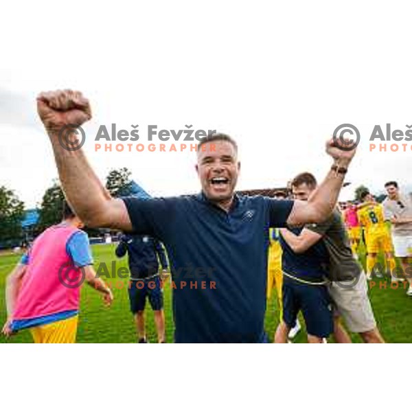 Head coach Tonci Zlogar and players of Domzale celebrate victory in the second match of Qualifications for Prva liga Telemach 2025/2026 between Triglav and Domzale in Kranj, Slovenia on June 1, 2025