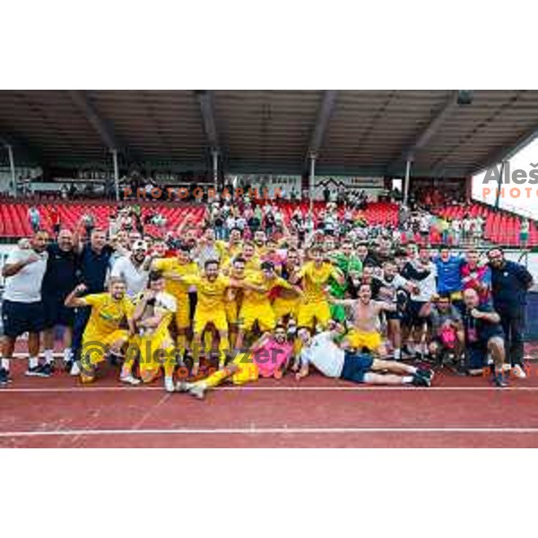 Players of Domzale celebrate victory in the second match of Qualifications for Prva liga Telemach 2025/2026 between Triglav and Domzale in Kranj, Slovenia on June 1, 2025