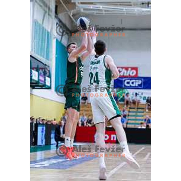Zak Smrekar and Gregor Glas in action during first match of the Finals of OTP Bank League 2024/2025 between Krka and Cedevita Olimpija in Novo Mesto, Slovenia on June 3, 2025