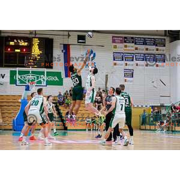 Joan Beringer and Robert Jurkovic in action during first match of the Finals of OTP Bank League 2024/2025 between Krka and Cedevita Olimpija in Novo Mesto, Slovenia on June 3, 2025