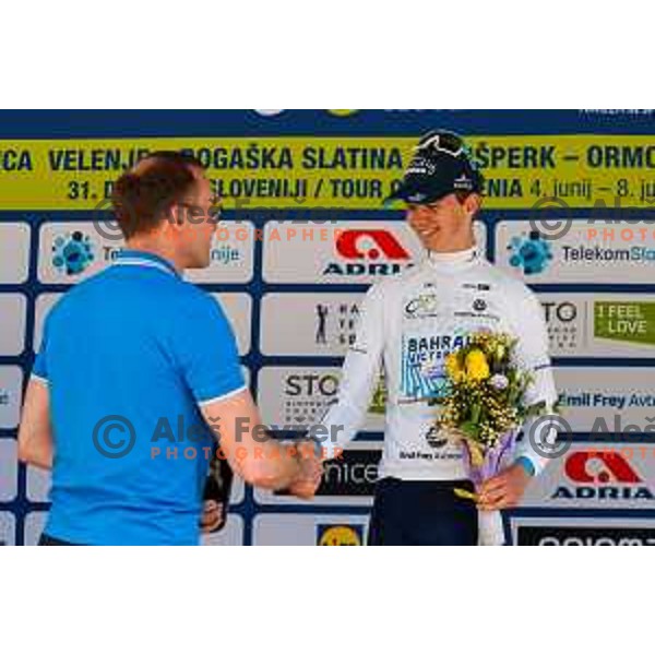 Jakob Omrzel, best young raider in white jersey after the finish of Stage 4 of 31.Tour of Slovenia between Maribor and Golte on June 7, 2025