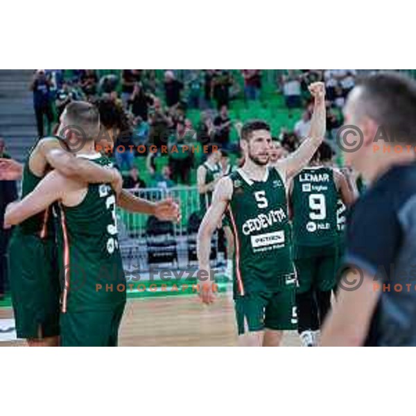 Aleksej Nikolic celebrates Slovenian National Title after victory in the fourth match of the Finals of OTP Bank League 2024/2025 between Cedevita Olimpija and Krka in SRC Stozice, Ljubljana, Slovenia on June 9, 2025.