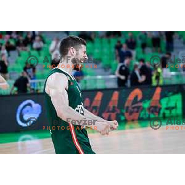 Aleksej Nikolic celebrates Slovenian National Title after victory in the fourth match of the Finals of OTP Bank League 2024/2025 between Cedevita Olimpija and Krka in SRC Stozice, Ljubljana, Slovenia on June 9, 2025.