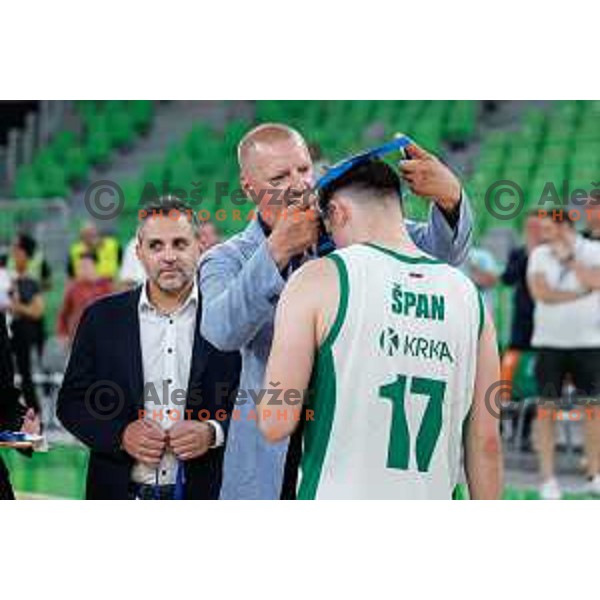in action during fourth match of the Finals of OTP Bank League 2024/2025 between Cedevita Olimpija and Krka in SRC Stozice, Ljubljana, Slovenia on June 9, 2025