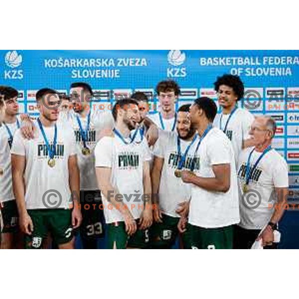 MVP of the Finals Aleksej Nikolic and players celebrate Slovenian National Title after victory in the fourth match of the Finals of OTP Bank League 2024/2025 between Cedevita Olimpija and Krka in SRC Stozice, Ljubljana, Slovenia on June 9, 2025.