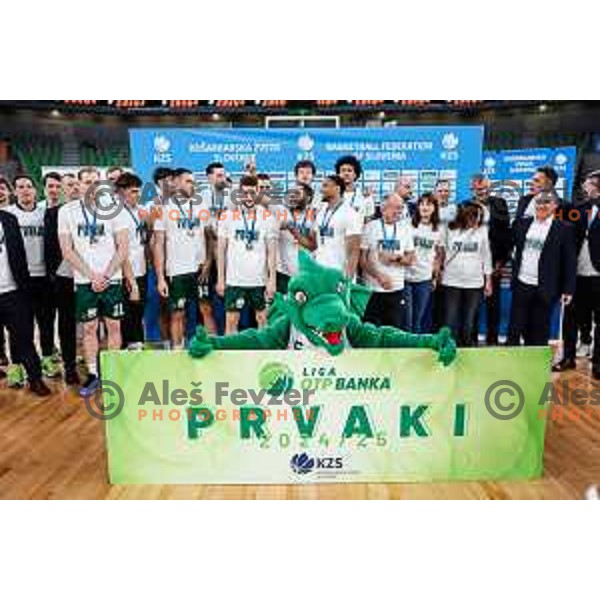 MVP of the Finals Aleksej Nikolic and players celebrate Slovenian National Title after victory in the fourth match of the Finals of OTP Bank League 2024/2025 between Cedevita Olimpija and Krka in SRC Stozice, Ljubljana, Slovenia on June 9, 2025.