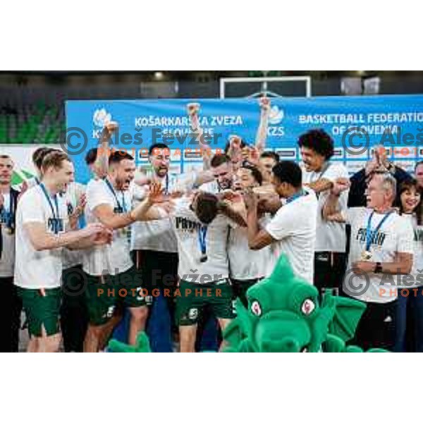 MVP of the Finals Aleksej Nikolic and players celebrate Slovenian National Title after victory in the fourth match of the Finals of OTP Bank League 2024/2025 between Cedevita Olimpija and Krka in SRC Stozice, Ljubljana, Slovenia on June 9, 2025.