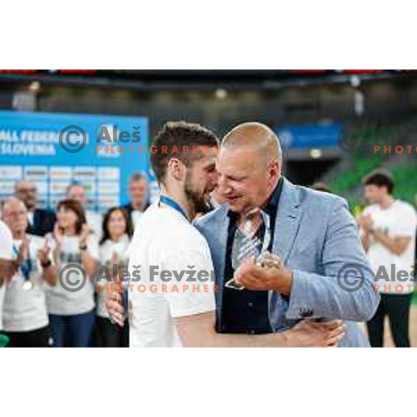 MVP of the Finals Aleksej Nikolic and players celebrate Slovenian National Title after victory in the fourth match of the Finals of OTP Bank League 2024/2025 between Cedevita Olimpija and Krka in SRC Stozice, Ljubljana, Slovenia on June 9, 2025.