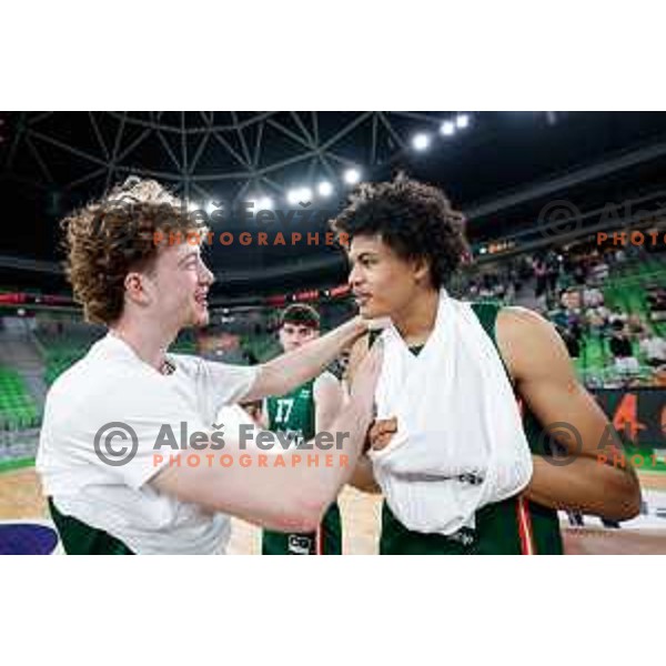 Ziga Daneu and Joan Beringer celebrate Slovenian National Title after victory in the fourth match of the Finals of OTP Bank League 2024/2025 between Cedevita Olimpija and Krka in SRC Stozice, Ljubljana, Slovenia on June 9, 2025.