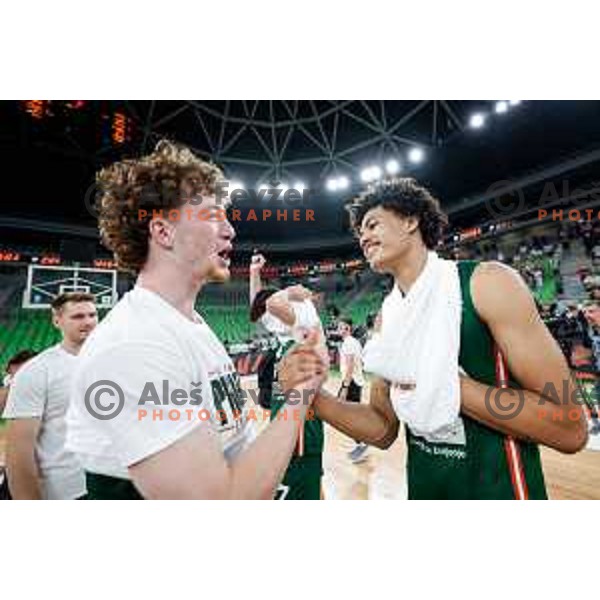 Ziga Daneu and Joan Beringer celebrate Slovenian National Title after victory in the fourth match of the Finals of OTP Bank League 2024/2025 between Cedevita Olimpija and Krka in SRC Stozice, Ljubljana, Slovenia on June 9, 2025.